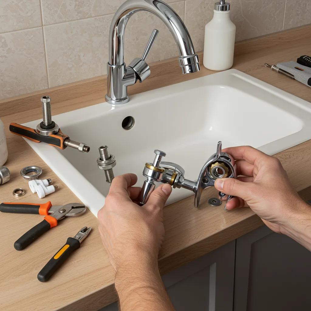 Close-up of a plumber's hands skillfully installing a faucet, surrounded by necessary tools and parts