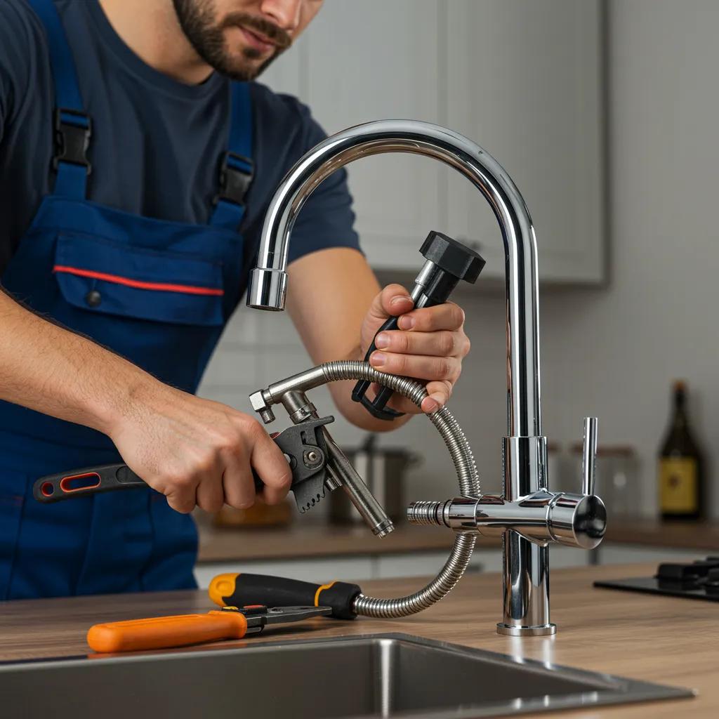Seamless Faucet Installation by Trusted Professionals 1 Professional plumber installing a modern kitchen faucet in a well-lit kitchen