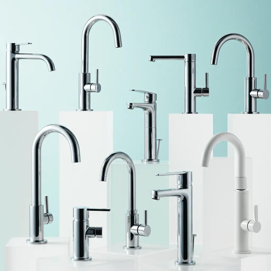 A curated display of stylish, water-saving faucets showcased in a modern bathroom setting