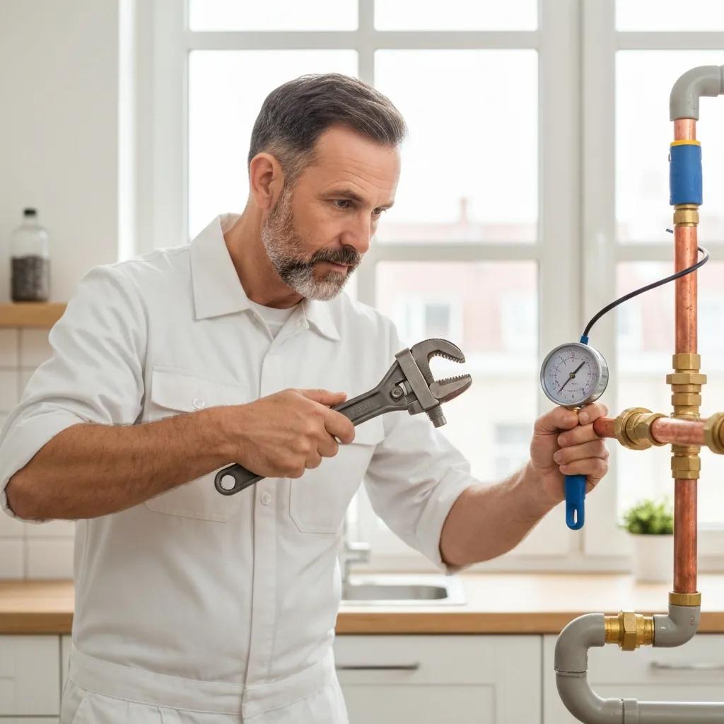 Professional plumber inspecting modern plumbing materials in a residential setting