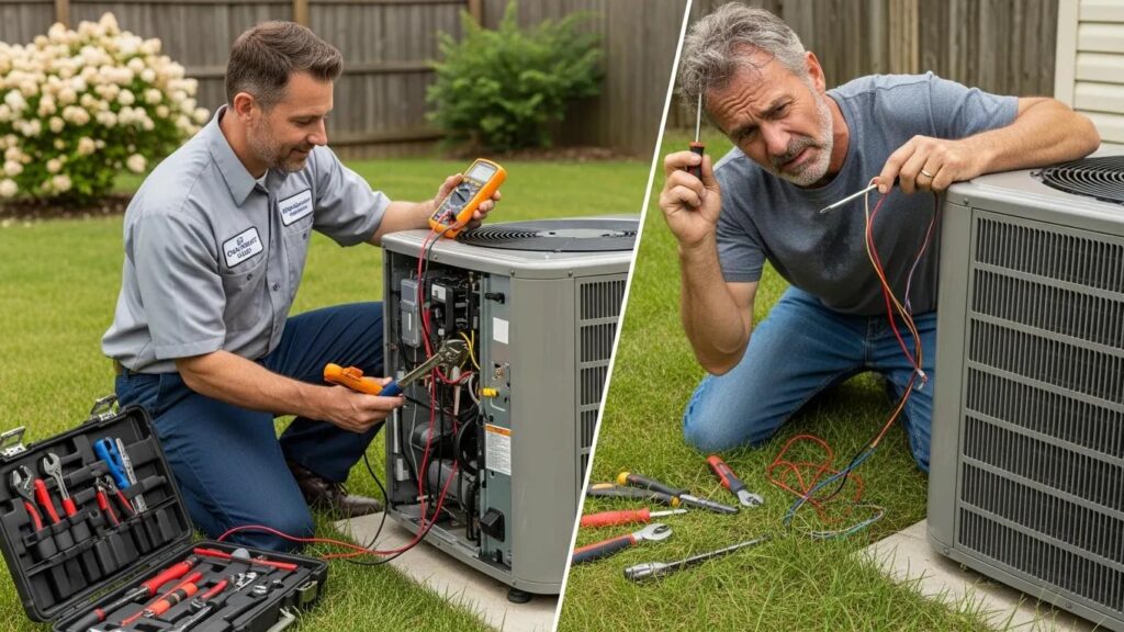 Seasonal AC Tune-Up Checklist for Optimal Performance 3 Professional HVAC technician assisting a homeowner with AC maintenance, showcasing the value of expert care