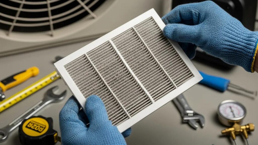 Seasonal AC Tune-Up Checklist for Optimal Performance 2 Technician inspecting an air conditioning filter, highlighting key components for seasonal maintenance