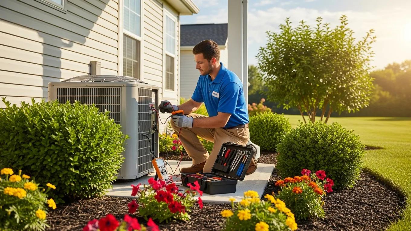 Technician performing seasonal AC maintenance outdoors, emphasizing HVAC care and energy efficiency